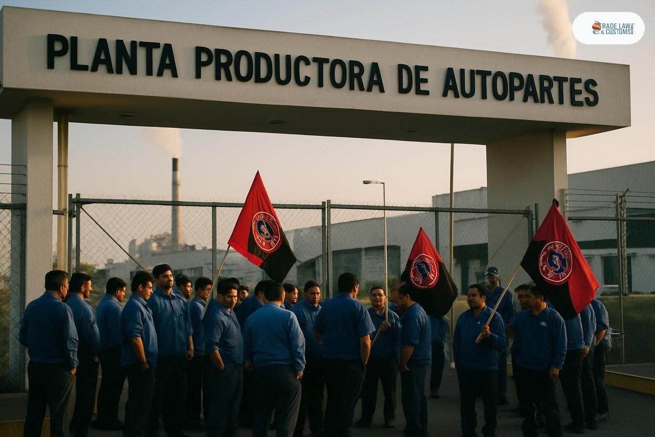 Trabajadores con banderas sindicales frente a planta de autopartes en Puebla, México.