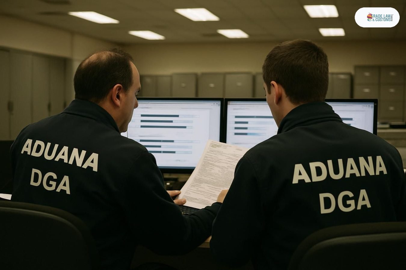 Agentes de la Aduana argentina revisan pantallas de análisis de precios de importaciones en terminal de carga.