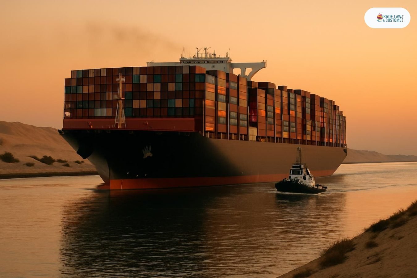 Portacontenedores de gran capacidad transitando el Canal de Suez al atardecer con escolta de remolcador.