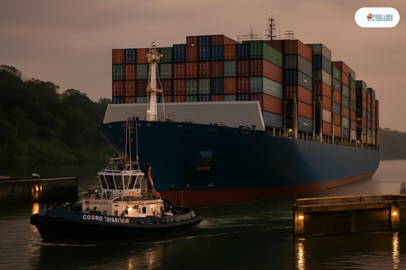 Remolcador del Canal de Panamá posicionando un buque Neopanamax en las esclusas de Agua Clara al anochecer.