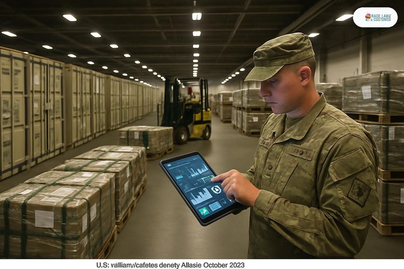 Oficial logístico militar revisando plataforma de IA Navigator en depósito de suministros