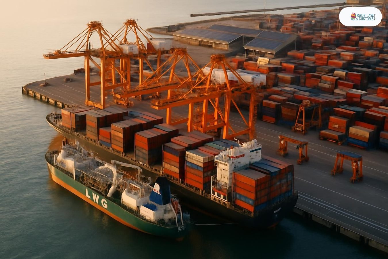 Puerto moderno con grúas eléctricas y buque de GNL en operación de bunkering al atardecer
