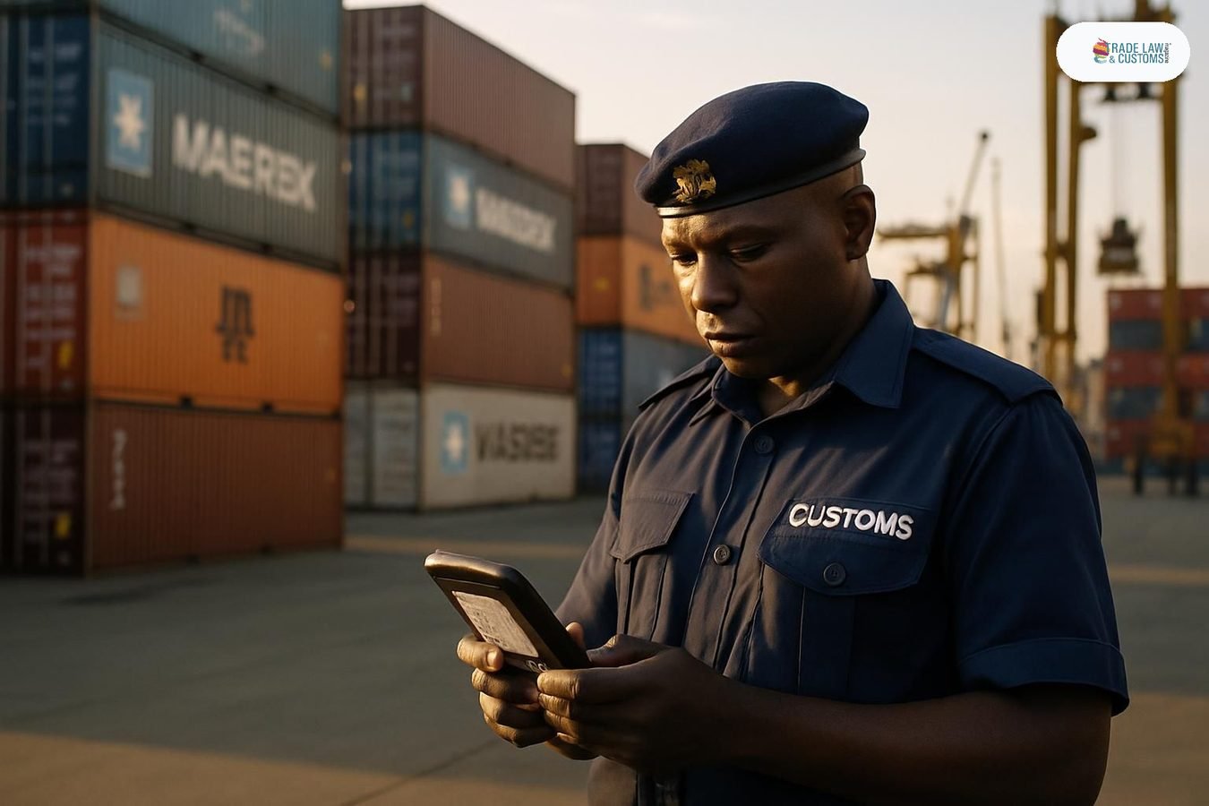 Funcionario aduanal keniense escaneando manifiesto digital en terminal de contenedores de Mombasa.