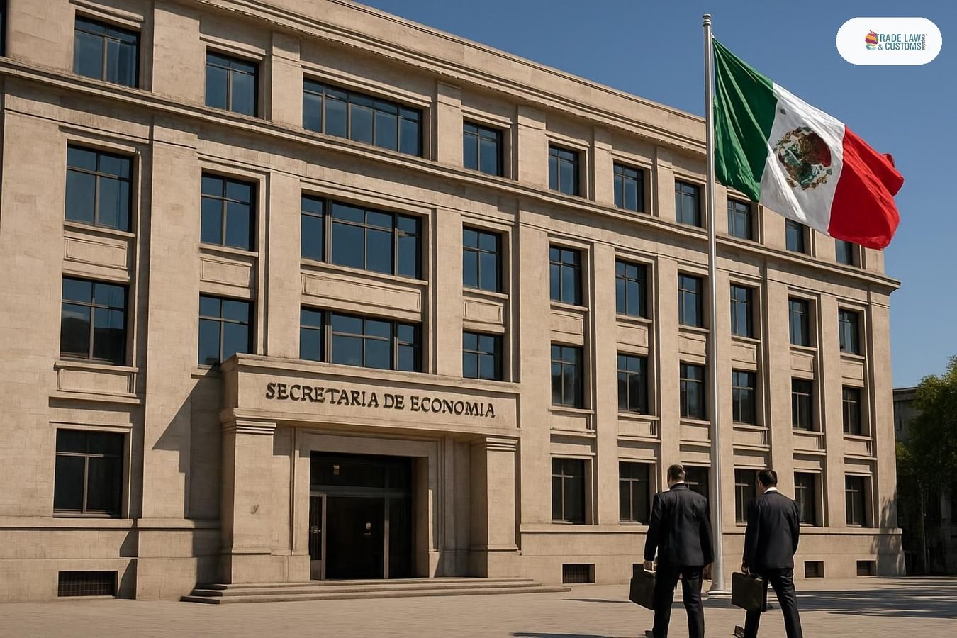 Fachada de la Secretaría de Economía de México con funcionarios al ingreso.