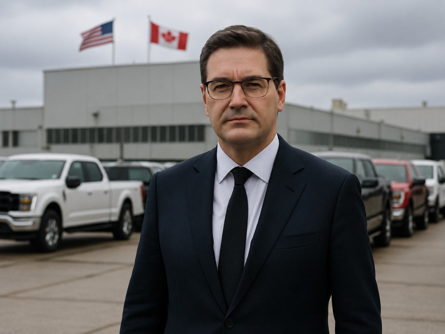 Líder conservador canadiense frente a planta automotriz en Detroit.