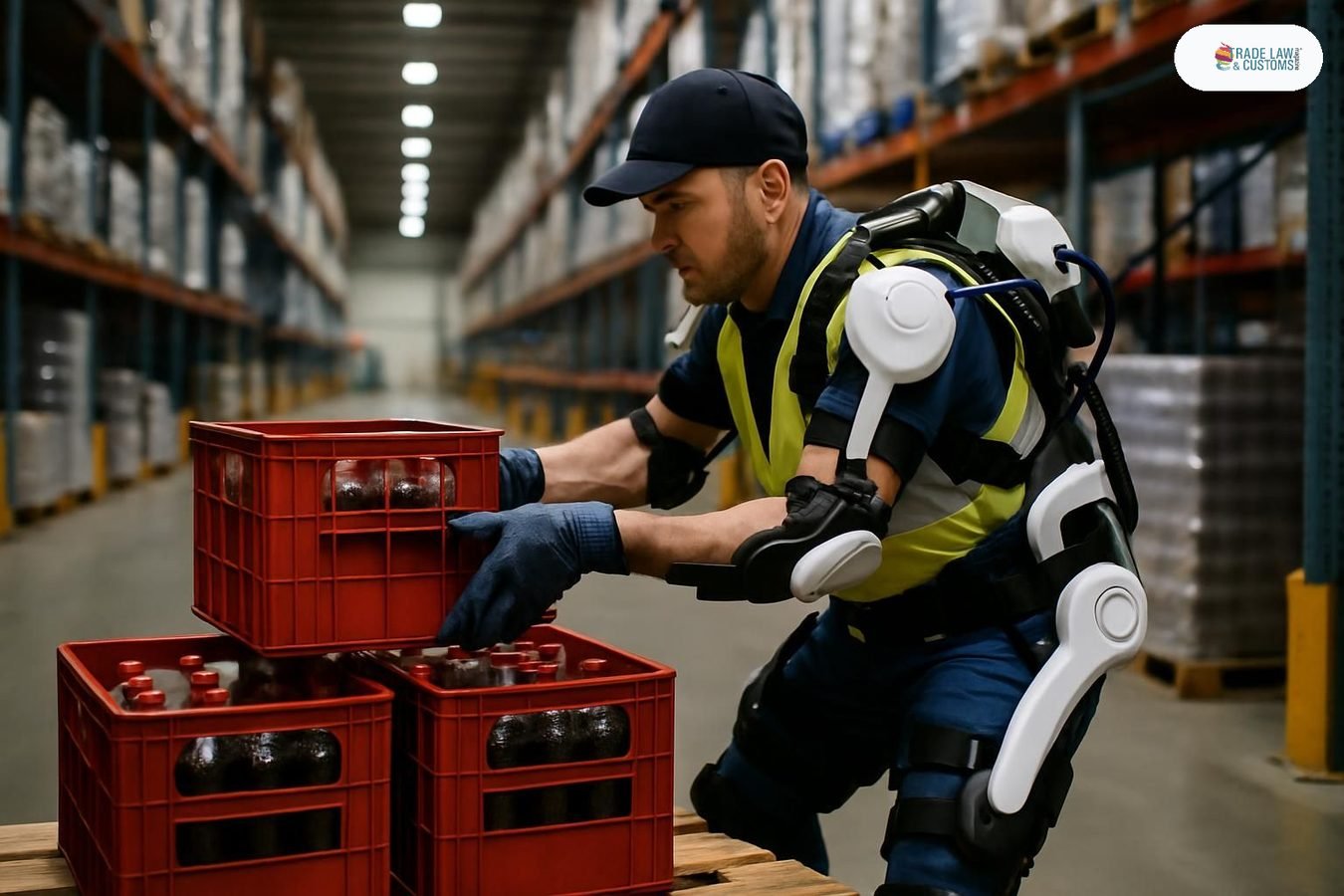 Trabajador con exotraje robótico SafeLift cargando mercancía en centro de distribución.