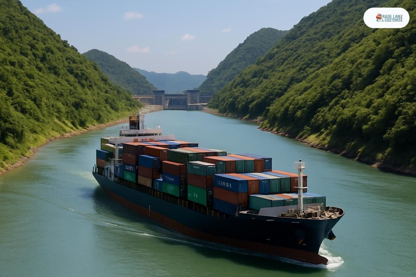 Buque portacontenedores transitando el recién inaugurado Canal Pinglu en Guangxi, China.