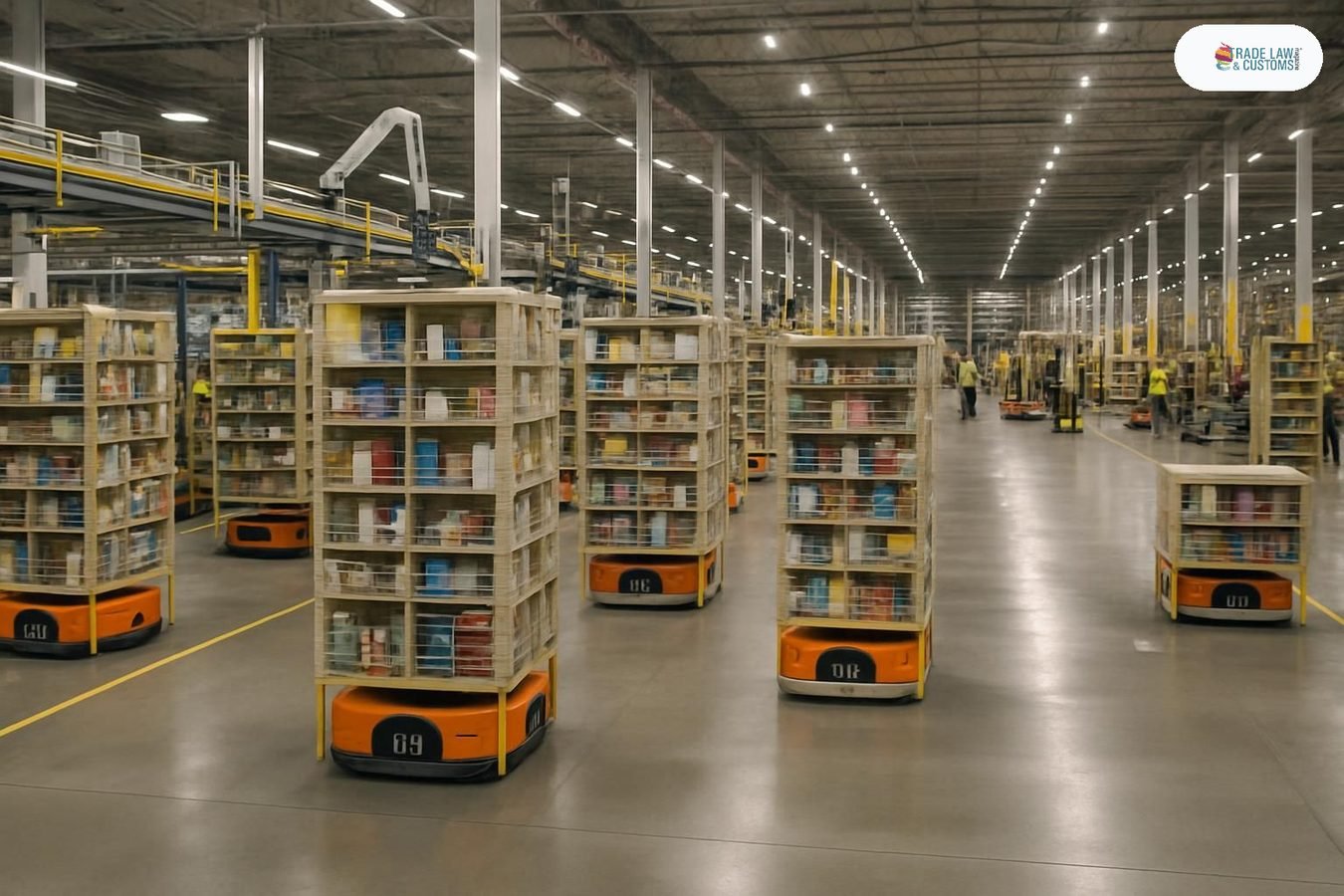 Robots de almacén en centro de distribución automatizado de Amazon en Europa.