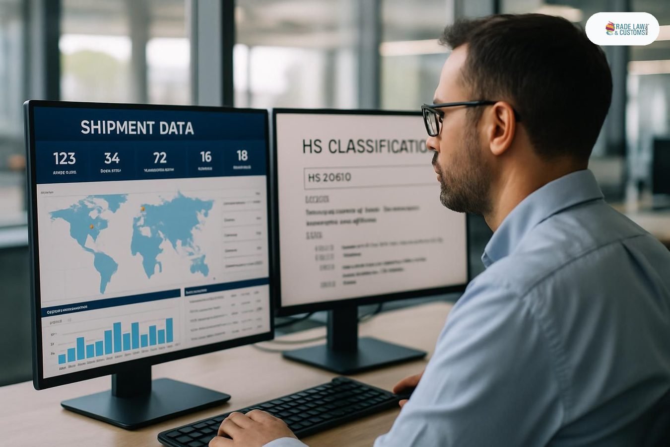 Profesional de cumplimiento aduanal revisando clasificación arancelaria en plataforma de IA multiventana.