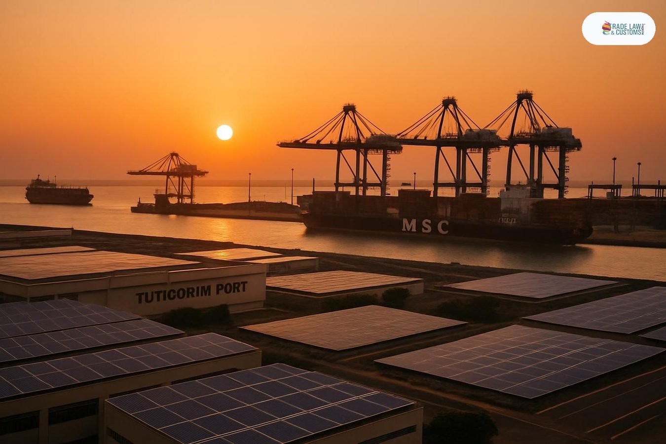 Puerto de Tuticorin en India con paneles solares y grúas portuarias al atardecer, referencia del primer reporte de sostenibilidad de un puerto mayor indio.