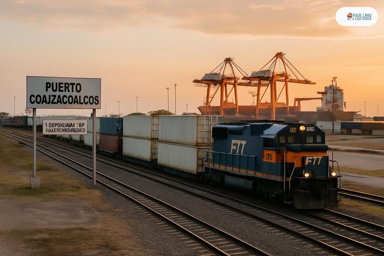 Terminal ferroviaria del puerto de Coatzacoalcos con tren de carga del Corredor Interoceánico al atardecer.