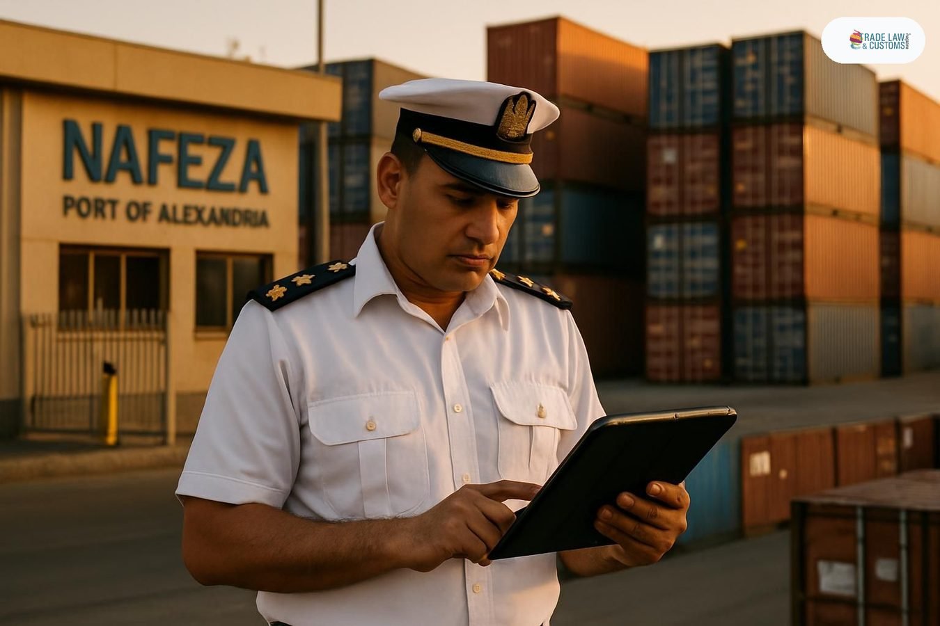 Funcionario aduanal egipcio revisando declaración digital ACI en la terminal marítima de Alejandría.