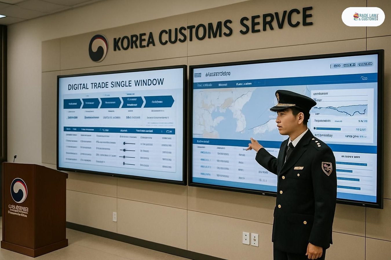 Funcionario de Aduanas de Corea del Sur demostrando el sistema UNI-PASS en instalaciones de capacitación del KCS en Seúl.