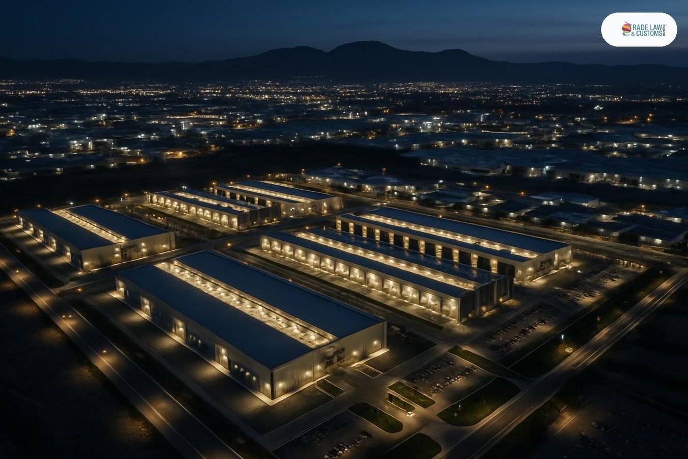 Vista aérea nocturna de campus de data center hiperescala en el parque industrial de Querétaro, México.