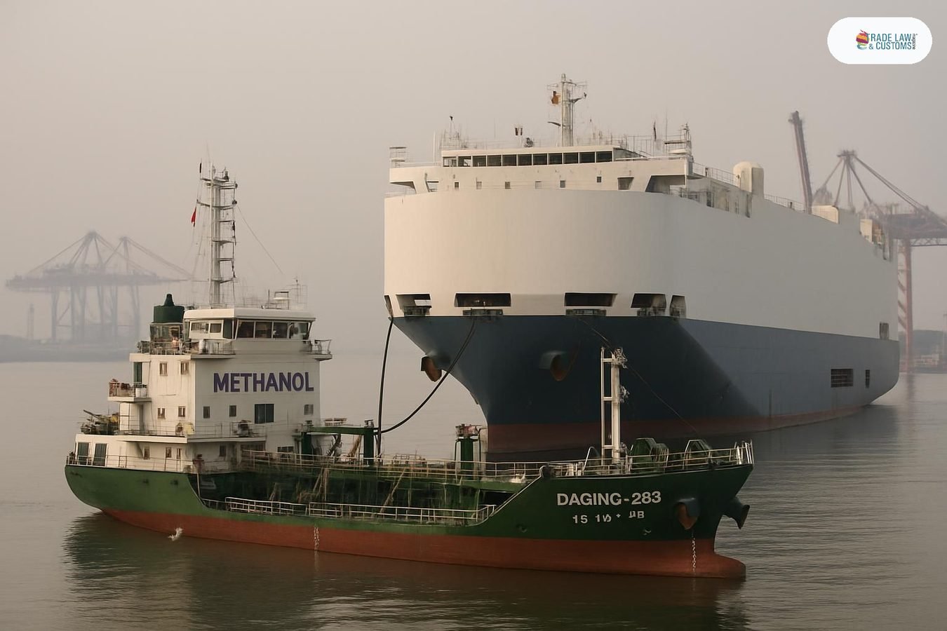 Buque abastecedor de metanol Daqing 268 suministrando combustible al car carrier Guangrong en la terminal automotriz de Nansha, Puerto de Guangzhou.