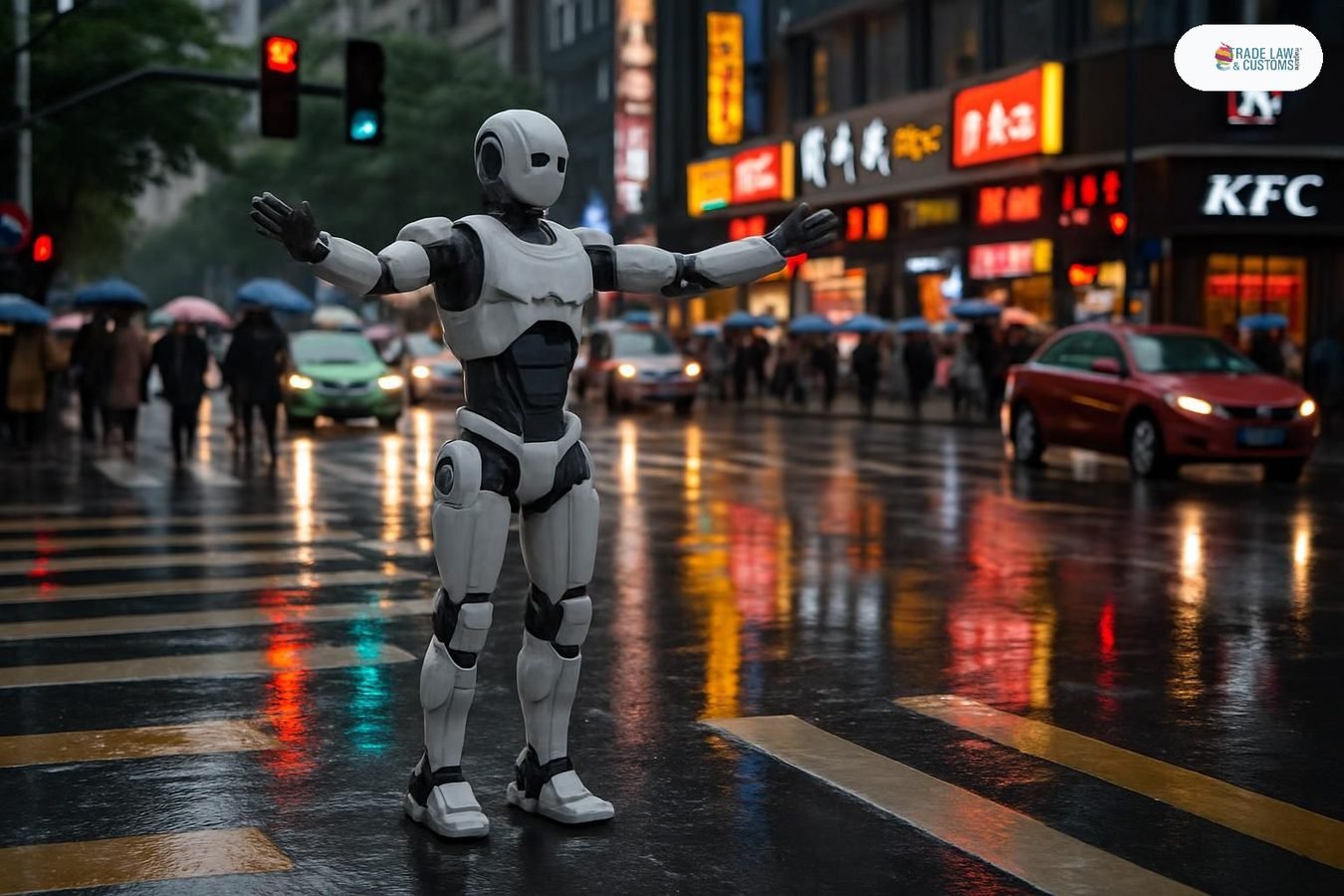 Robot humanoide DR02 de DEEP Robotics dirigiendo el tráfico bajo la lluvia en una intersección concurrida del distrito de Xihu en Hangzhou, China.
