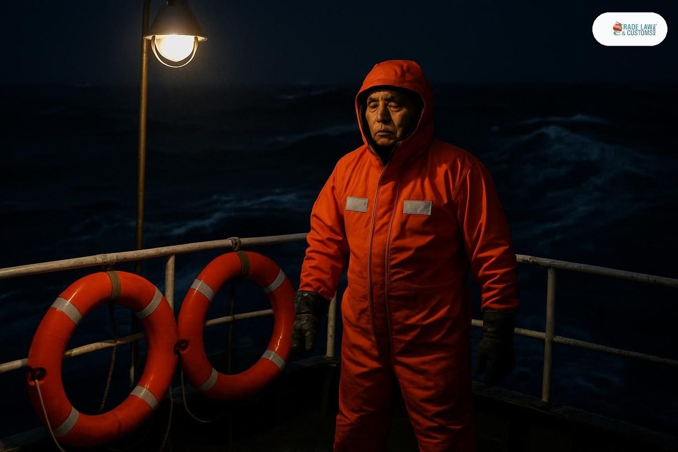 Marinero coreano con traje de supervivencia naranja en la popa de un barco pesquero de noche en aguas agitadas frente a la isla de Jeju, Corea del Sur.