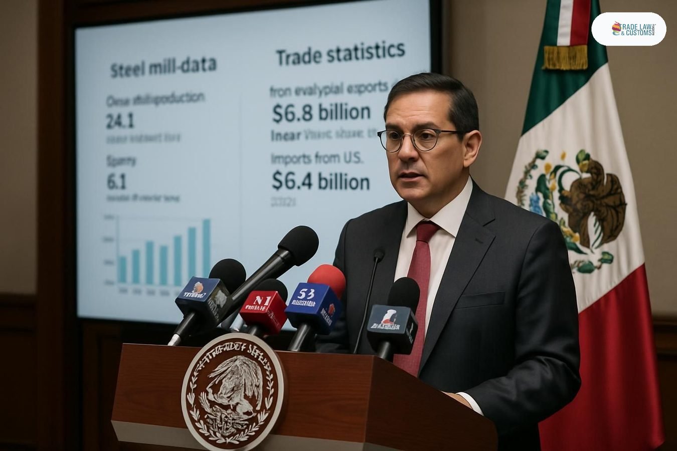 Funcionario de la Secretaría de Economía presenta datos sobre registros de molinos de acero cancelados en conferencia de prensa.