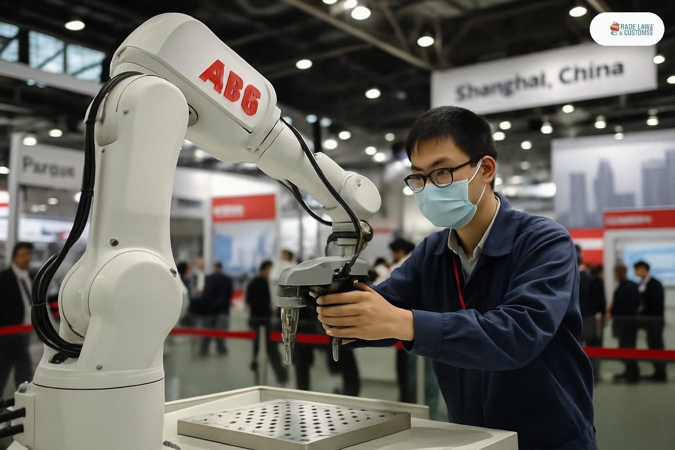 Técnico demostrando el entrenamiento asistido por IA de un brazo robótico ABB en la feria CIIF 2026 de Shanghái.