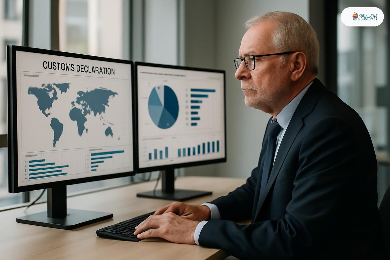 Ejecutivo de datos de Customs Support Group revisa declaraciones aduanales en plataforma de inteligencia artificial en oficina europea.