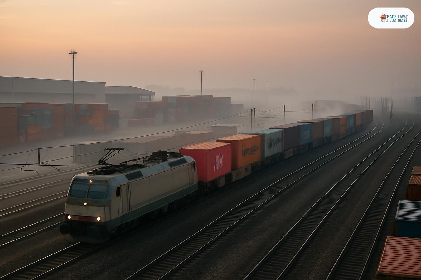Tren intermodal de carga con contenedores parte de terminal ferroviaria en el norte de Italia en el corredor Padua-Foggia.