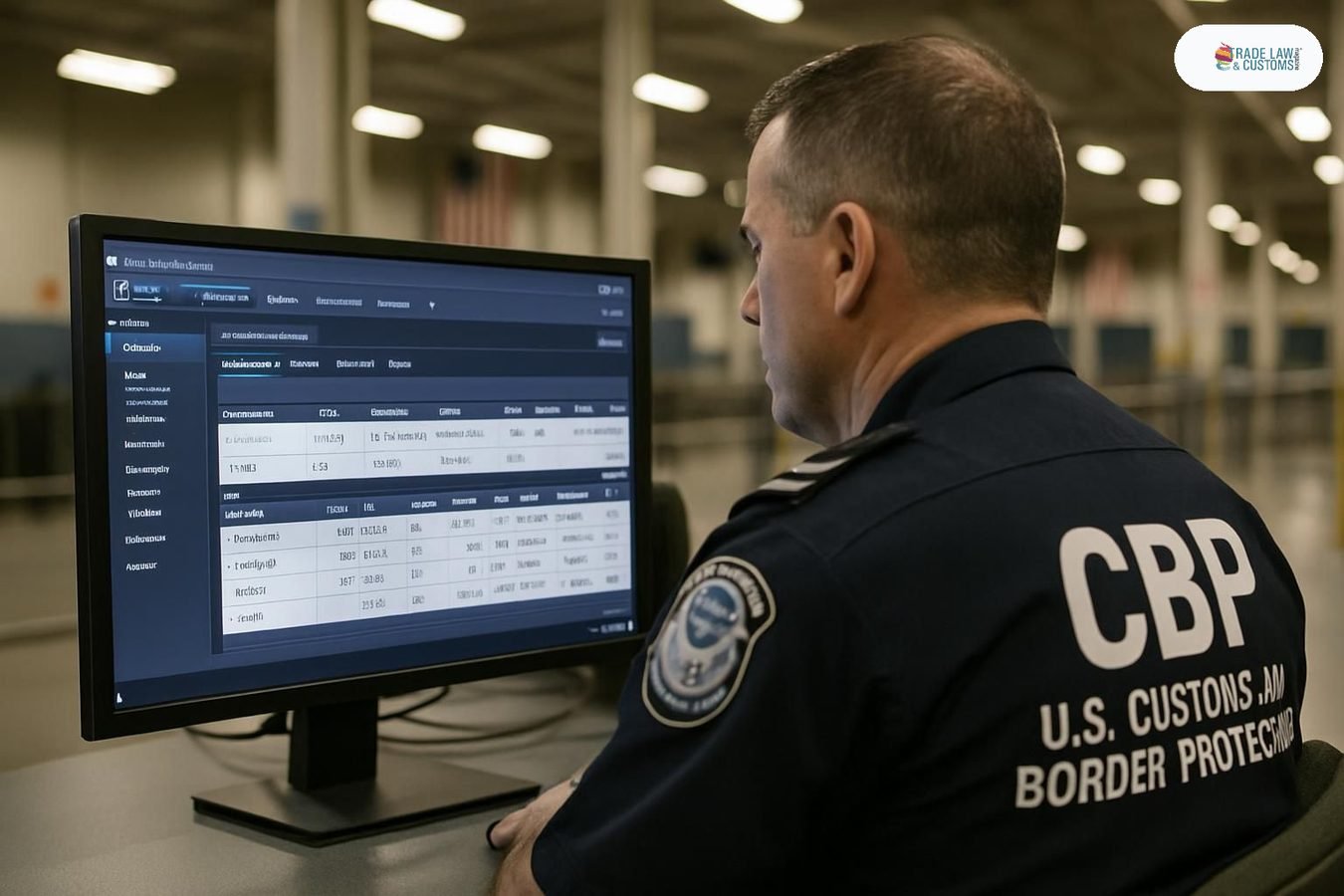 Oficial de la CBP revisa datos de declaraciones en terminal de cómputo en aduana de Estados Unidos, reflejando el cambio de terminología de IA a Superinteligencia.