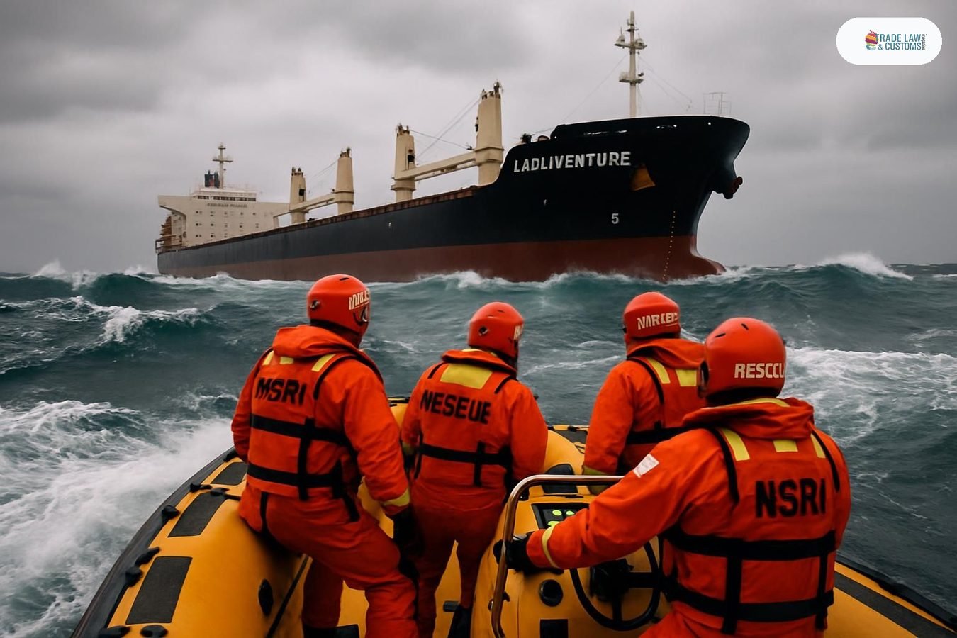 Embarcación de rescate del NSRI se aproxima a buque de carga en aguas agitadas frente a Ciudad del Cabo para evacuar a marino filipino herido.