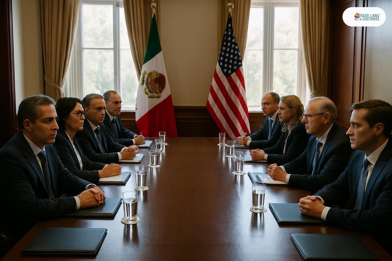 Delegaciones de México y Estados Unidos en sesión formal de revisión del T-MEC en Washington.