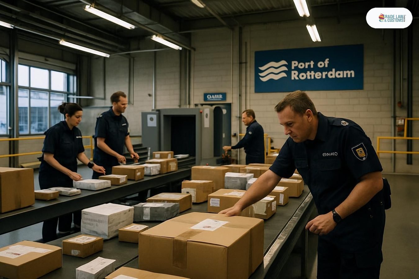 Agentes aduanales de la UE inspeccionan paquetes de e-commerce en una instalación portuaria europea.