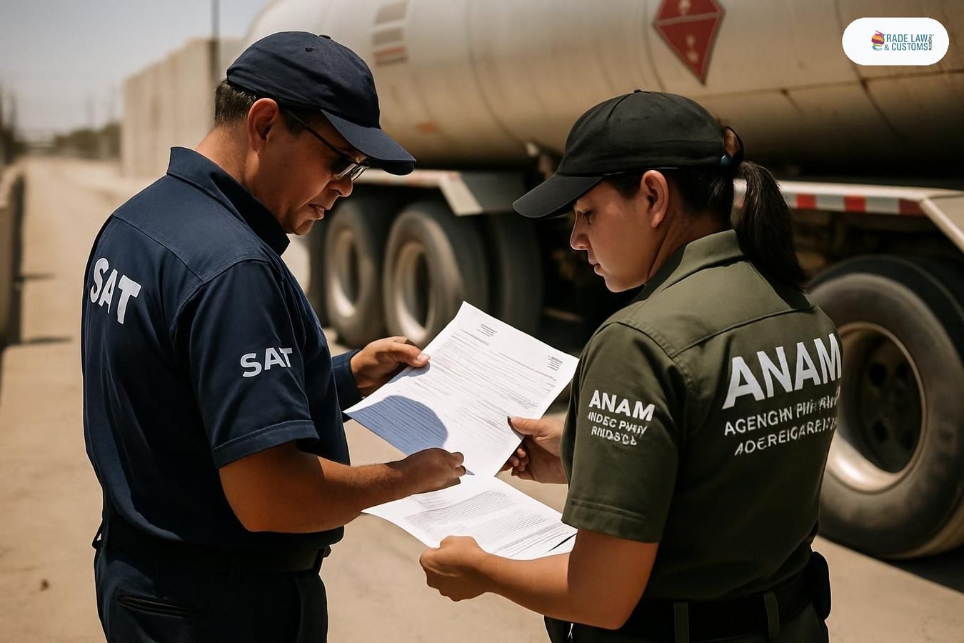 Funcionarios del SAT y la ANAM revisan documentación de importación de combustible en una aduana fronteriza mexicana.