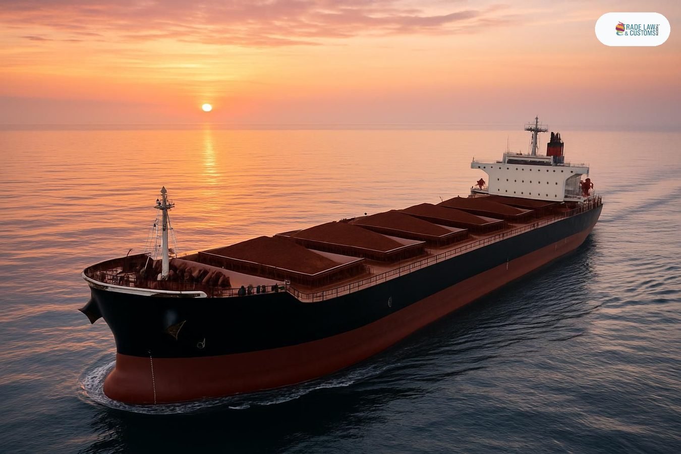 Buque granelero Capesize cargado con mineral de hierro navega en aguas abiertas al amanecer.