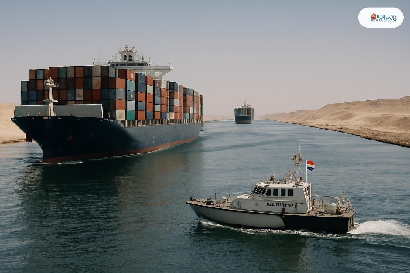 Portacontenedores de gran escala navega por el Canal de Suez en Egipto con el desierto en ambas orillas.