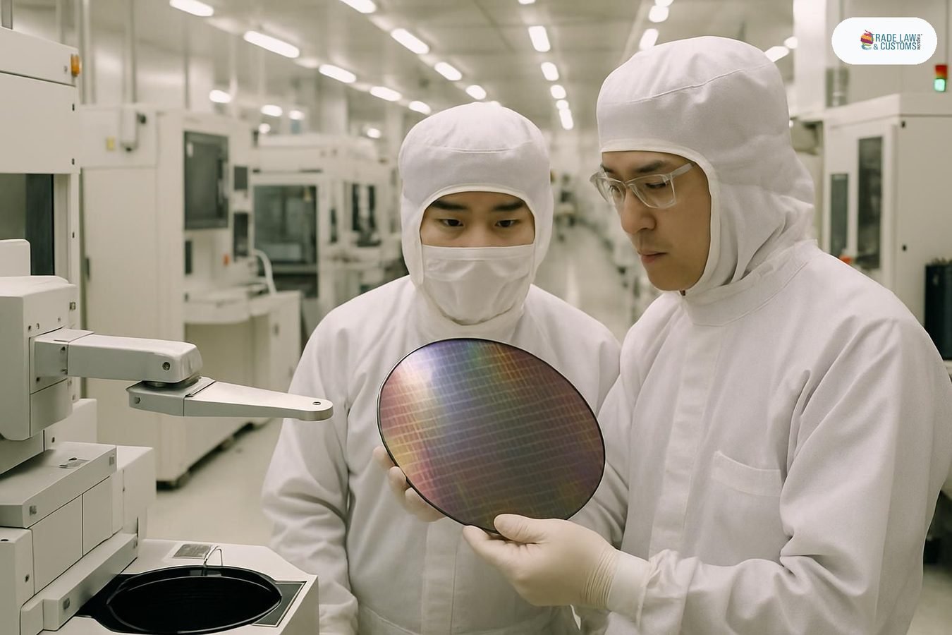 Técnicos en trajes de sala limpia inspeccionan obleas de silicio en una fábrica de semiconductores en Asia.