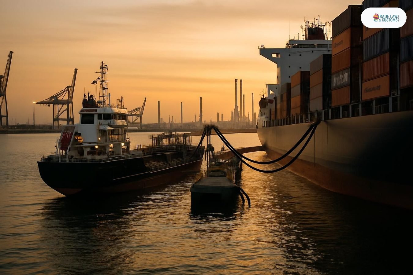 Buque tanque de bunker suministra combustible marino fósil a un portacontenedores en el Puerto de Rotterdam al atardecer.
