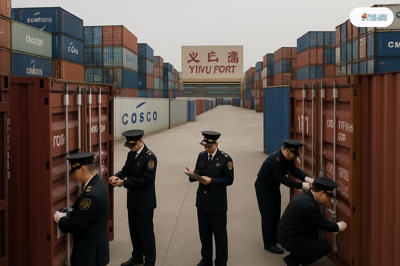 Funcionarios de la aduana de Yiwu inspeccionan y sellan contenedores de artículos navideños en el puerto seco de Yiwu, China.