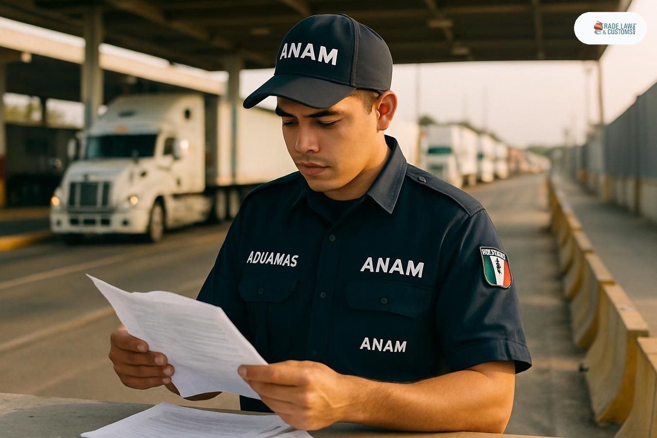 Oficial de comercio exterior de la ANAM revisando documentos en aduana terrestre de México