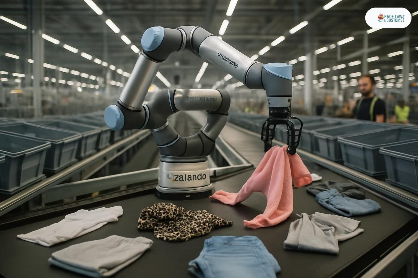 Sistema robótico de doble brazo Universal Robots procesando devoluciones de moda en almacén de Zalando en Alemania