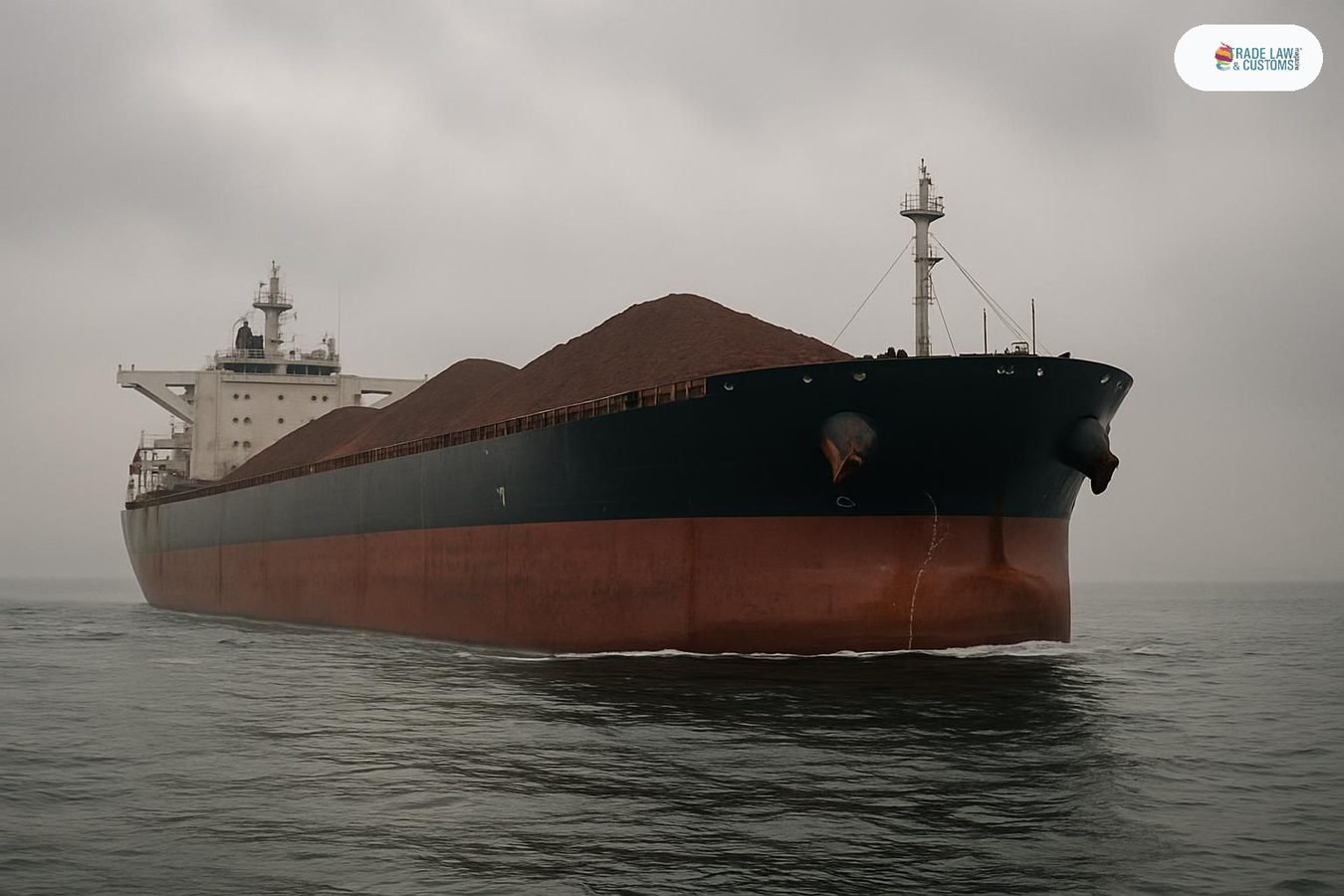 Buque Capesize cargado de mineral de hierro navegando en mar abierto bajo cielo nublado