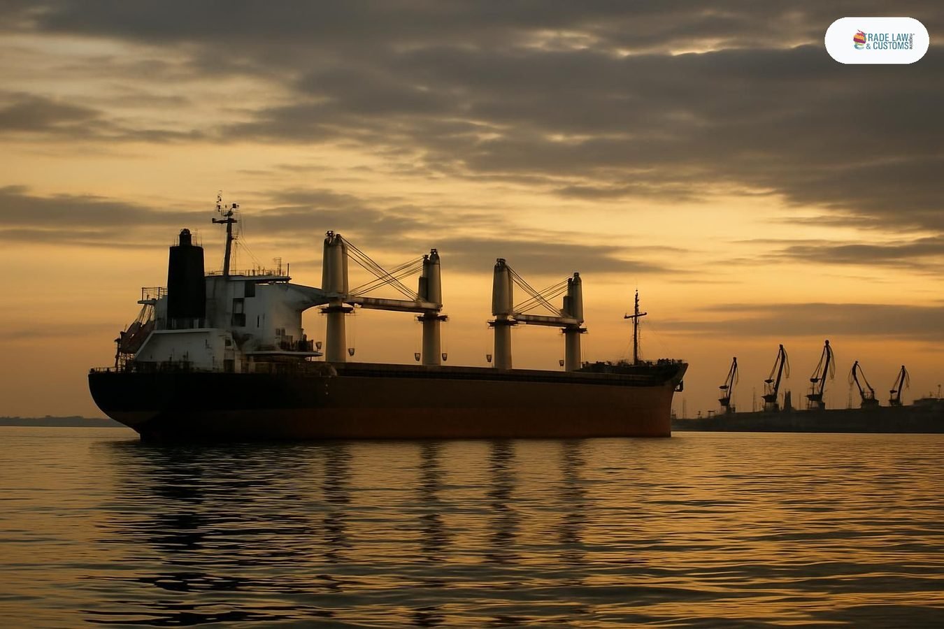 Buque granelero fondeado frente al puerto de Odessa en el Mar Negro al atardecer