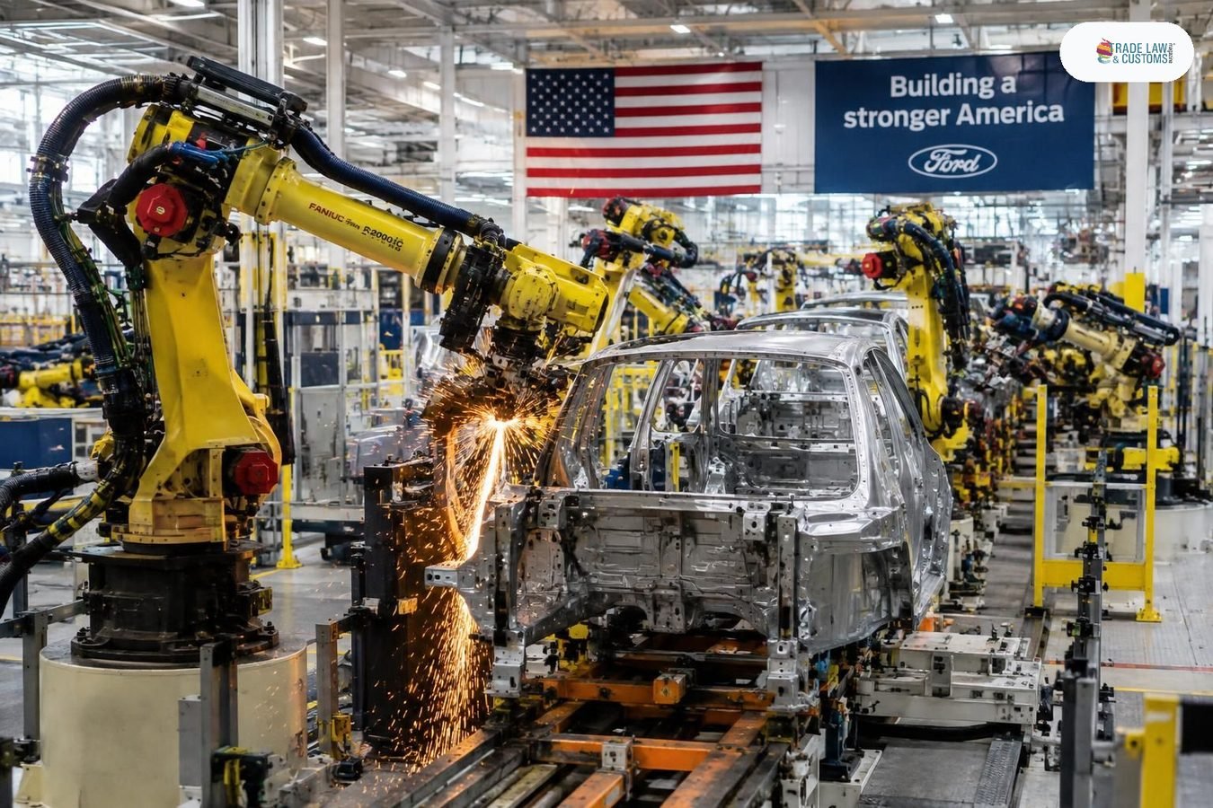 Brazo robótico soldando componentes automotrices en línea de ensamble en planta de manufactura de América del Norte.