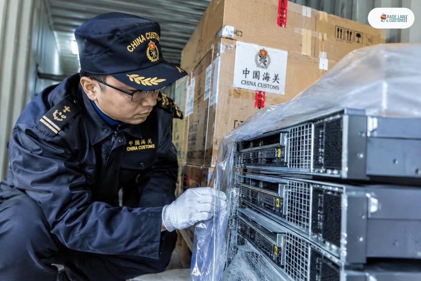 Oficial de aduanas chino inspeccionando equipo de servidores en un contenedor en puerto bajo controles de exportación.
