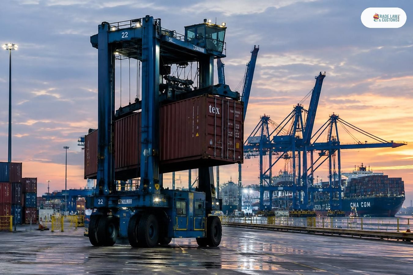 Portacontenedor eléctrico de Kalmar izando un contenedor en la terminal Norfolk International Terminals del Puerto de Virginia.