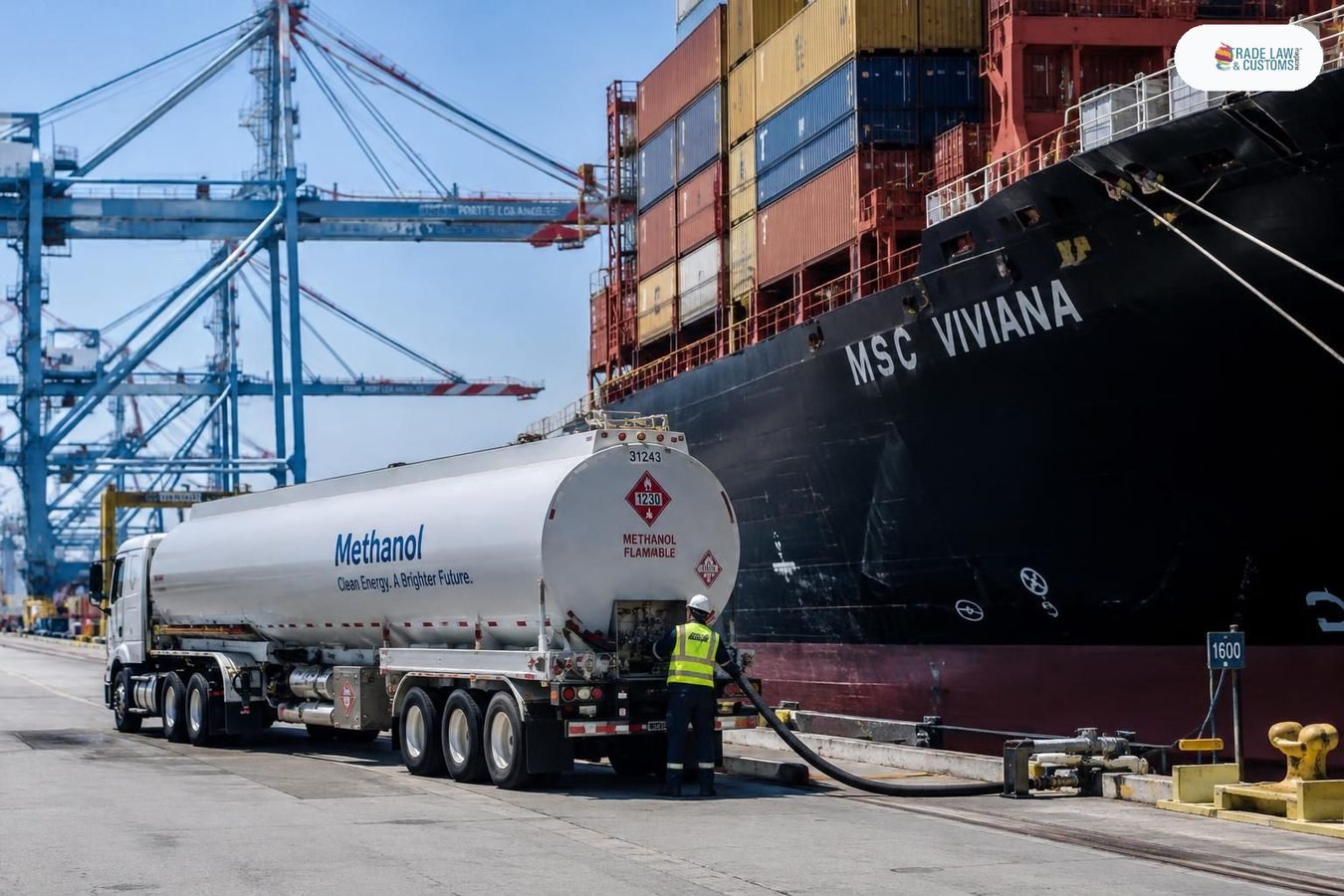 Camión cisterna de combustible marino alternativo abasteciendo un buque portacontenedores en el Puerto de Los Ángeles.