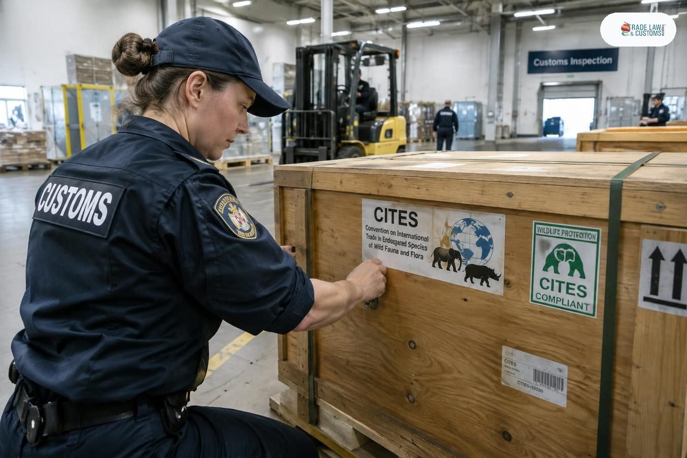 Oficial aduanero inspecciona caja con marcas CITES en bodega de revisión