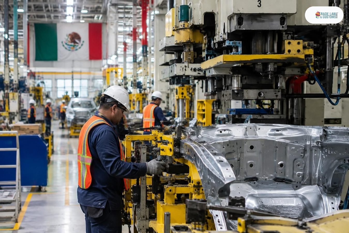 Trabajadores en planta automotriz del norte de México en línea de ensamble