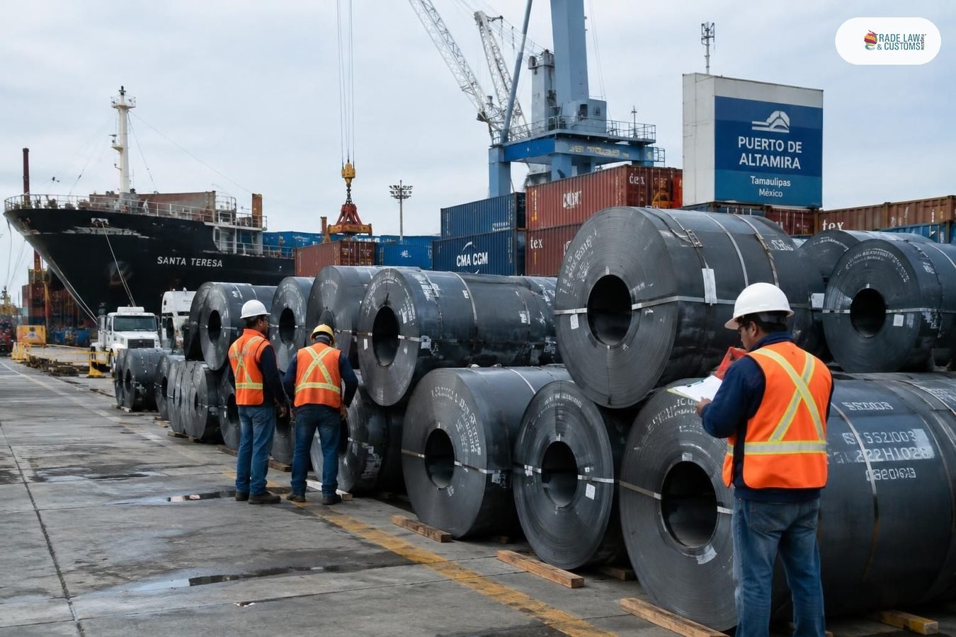 Rollos de acero apilados en terminal portuaria mexicana con trabajadores en chaleco de seguridad