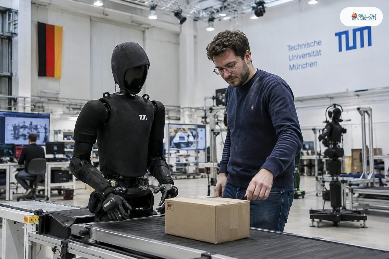 Robot humanoide junto a investigador en el centro de entrenamiento robótico TUM RoboGym en Múnich