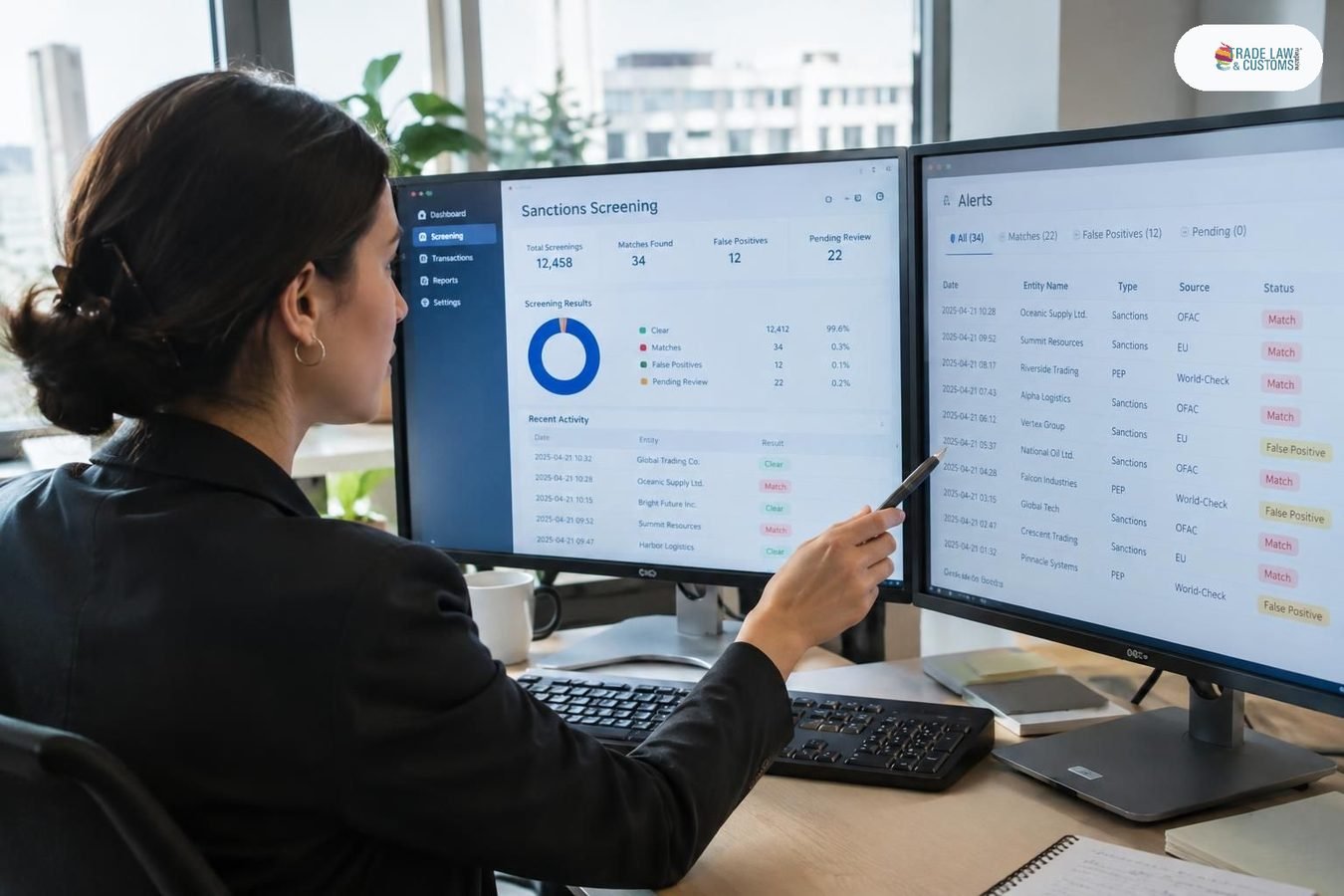 Analista de cumplimiento señala alertas en pantalla de software de filtrado de sanciones