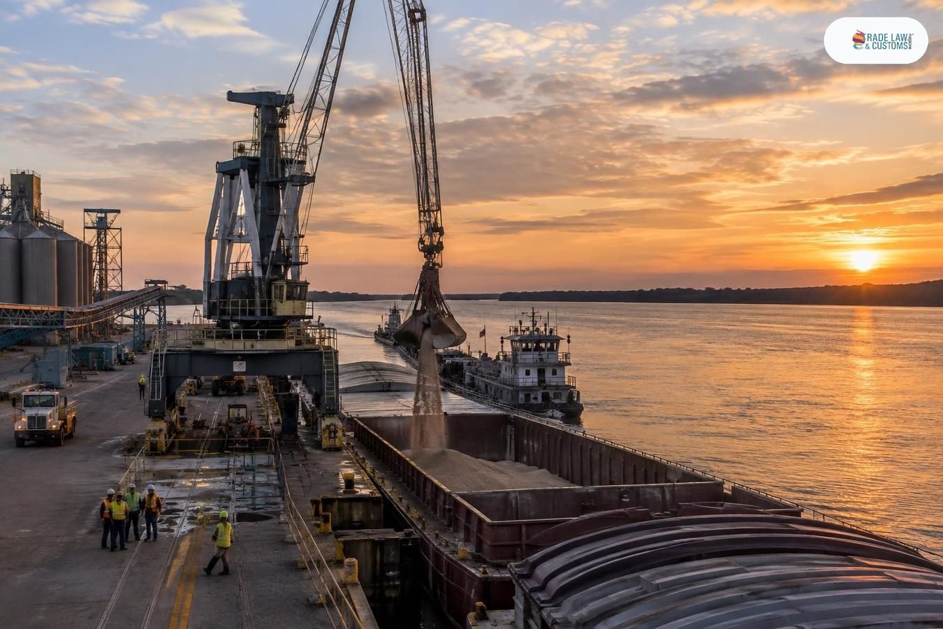 Grúa de carga en terminal fluvial de EE.UU. al atardecer con trabajadores en chalecos reflectores