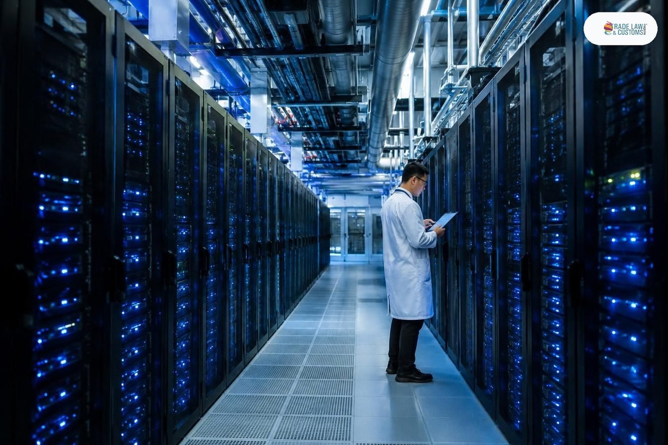 Técnico inspeccionando racks de servidores en centro de datos hiperescala